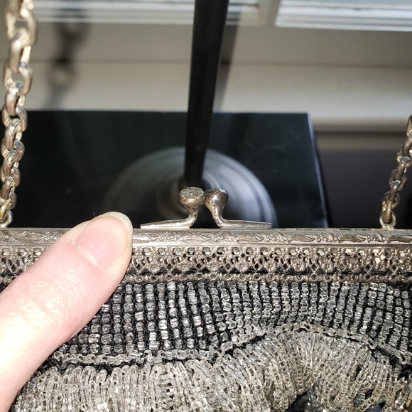 Early 1900s Antique Swag Beaded Evening Bag Crystal Clear & Black Glass Beads - Picture 2 of 13